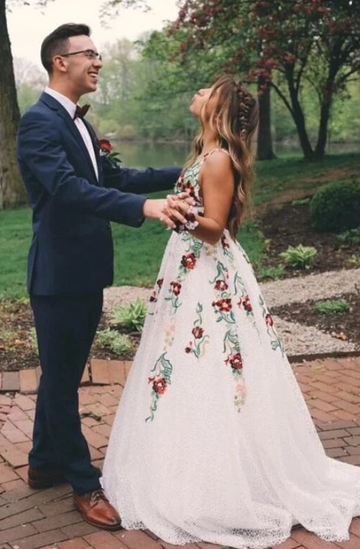 Charming V Neck Floral Embroidery Long Lace Prom Dress with Pocket HZ1023